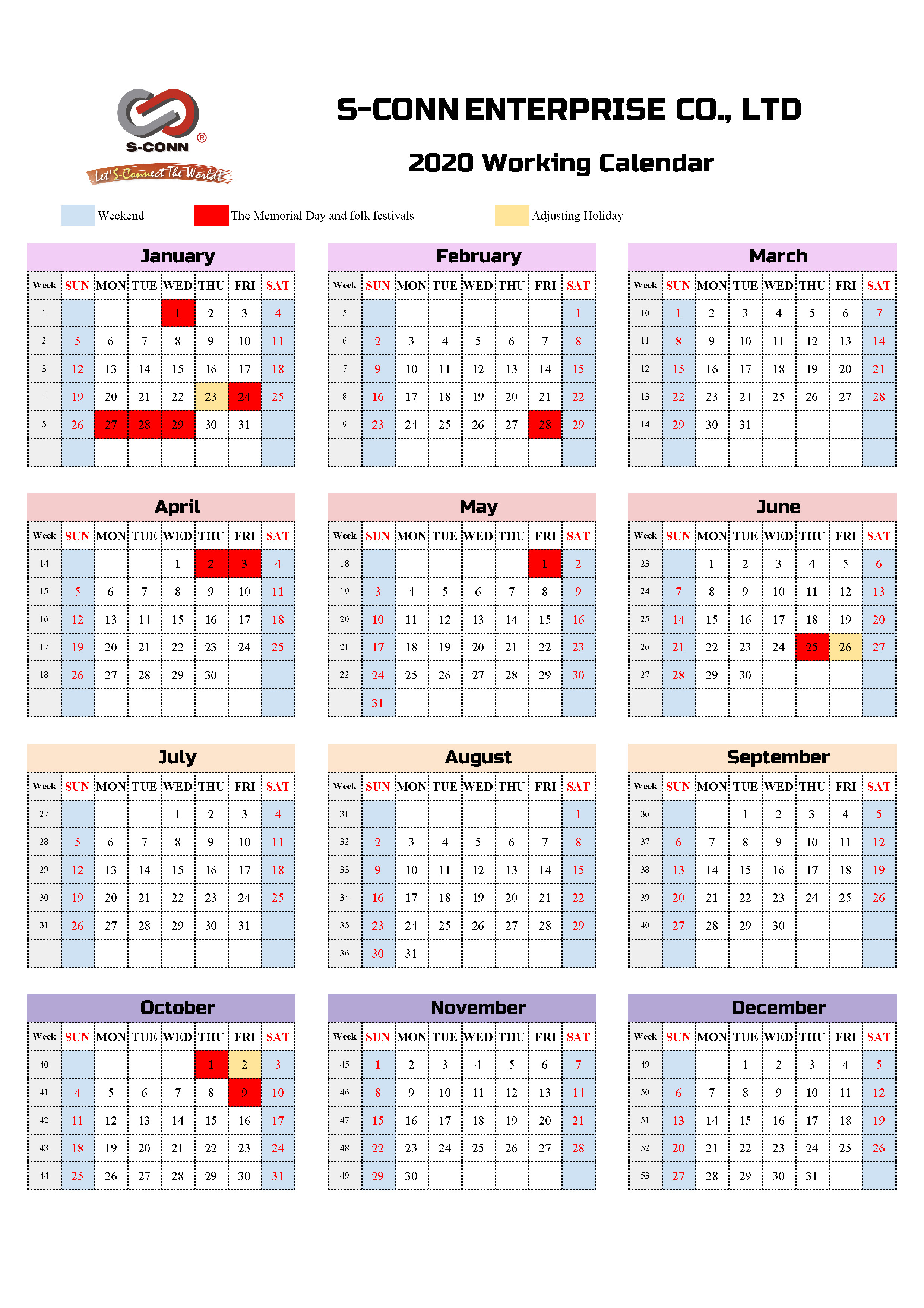 2020 S-Conn Working Calendar