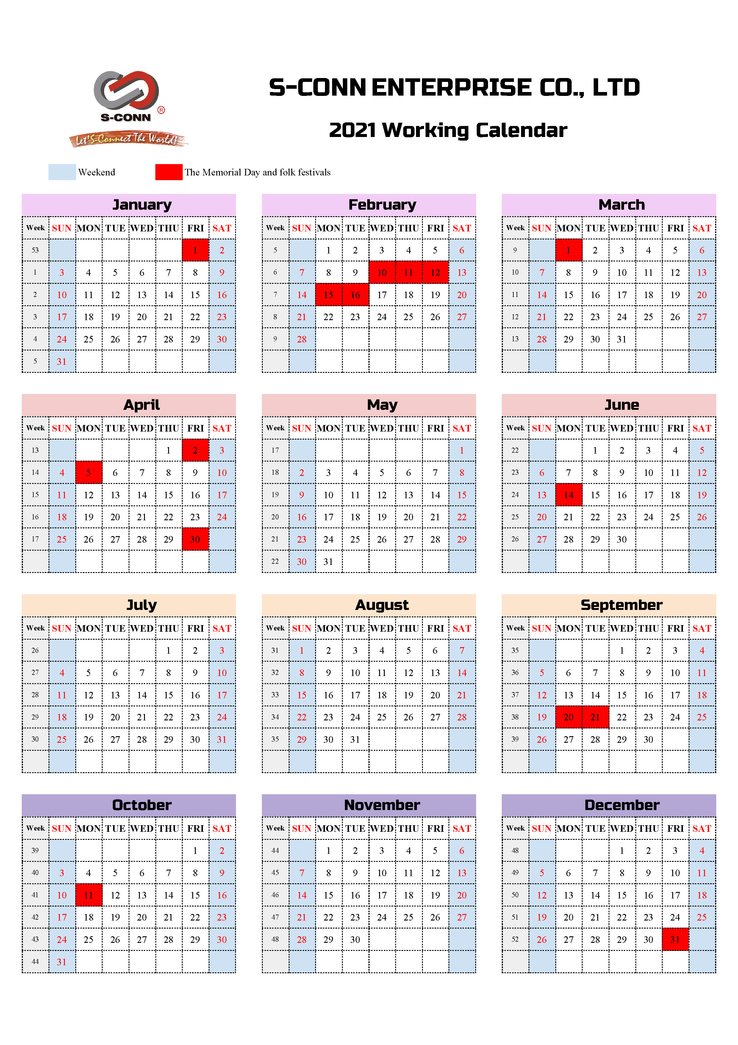 2021 S-Conn Working Calendar